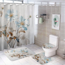 4-delige vintage douchegordijnset met bloemenprint (183 x 183 cm) inclusief badmat, toiletbrilhoes en antislipmat + 12 haken
