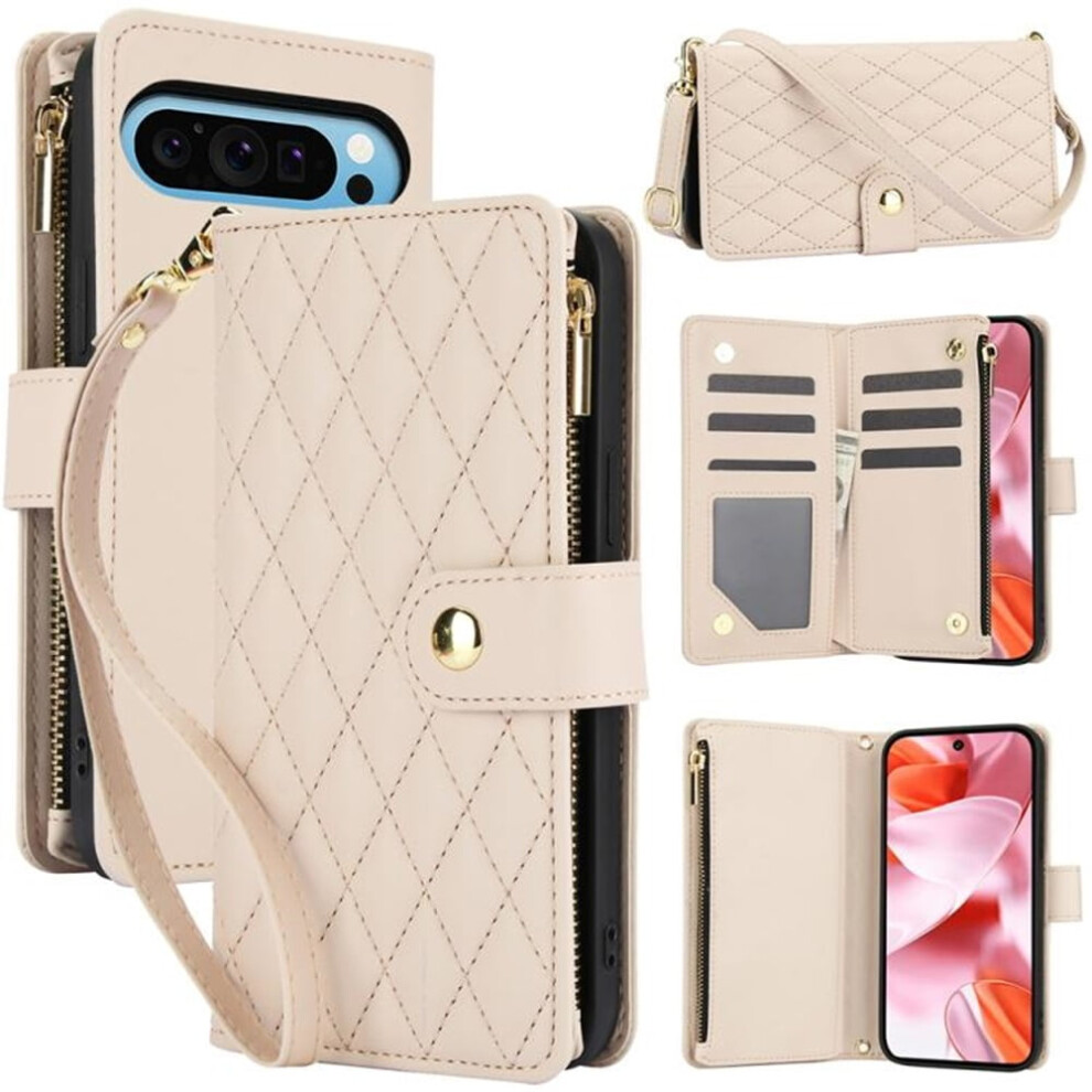 Rfid-Blocking Flip Wallet Case For Google Pixel 9 / 9 Pro Â Beige, With Card Slots, Kickstand, Wrist Strap, Lanyard & Zipper Cream 9340959411184