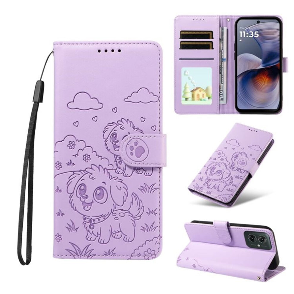 Leather Flip Case For Motorola Moto G55 5G Â Dog Embossing, Rfid Blocking, Magnetic Clasp, Wallet & Stand Purple 9340959412334