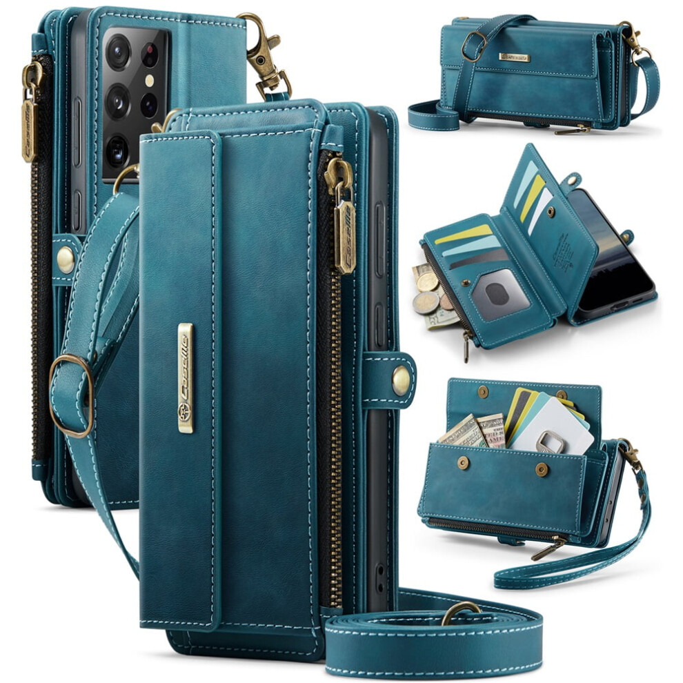 Caseme Wallet Case For Samsung Galaxy S21 Ultra 5G Â Rfid-Blocking Pu Leather, Kickstand, Wrist Strap, Zipper Card Slot, Blue 9340959413133