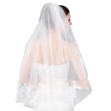 Women's Short 2 Tier Lace White Wedding Bridal Veil with Comb L24WT