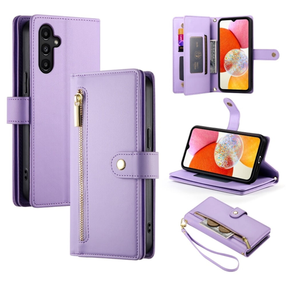 Leather Wallet Case For Samsung Galaxy A14 5G/4G Â Multi-Card Slots, Zipper Pocket, Lanyard Strap, Wristlet Purple 9340959413430
