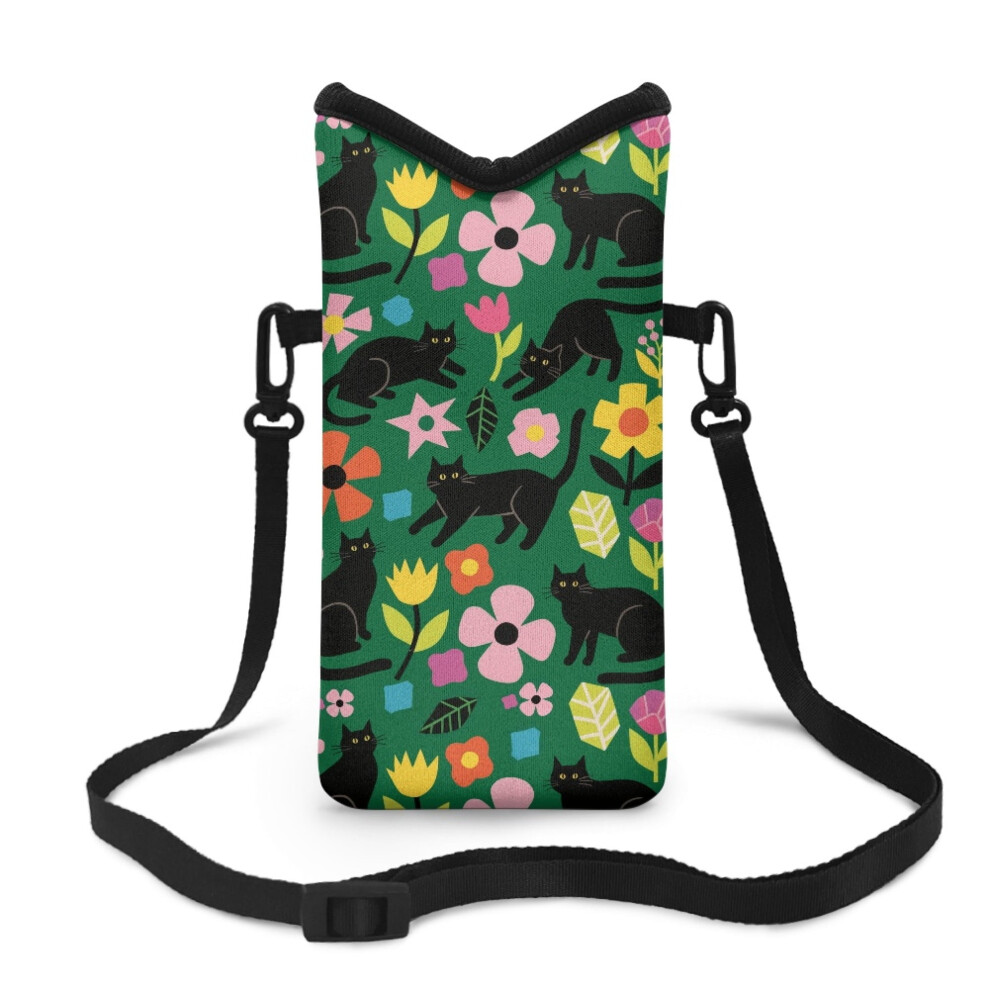Neoprene Cellphone Sleeve Pouch With Adjustable Crossbody Strap, Hook & Loop Fastener, 4X8", Cat Flower Design Black 9340959414253