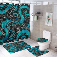 Ensemble de douche 4 pièces à motifs ondulés bleu sarcelle avec rideau imperméable, tapis antidérapant, couvre-abattant de toilette et tapis de