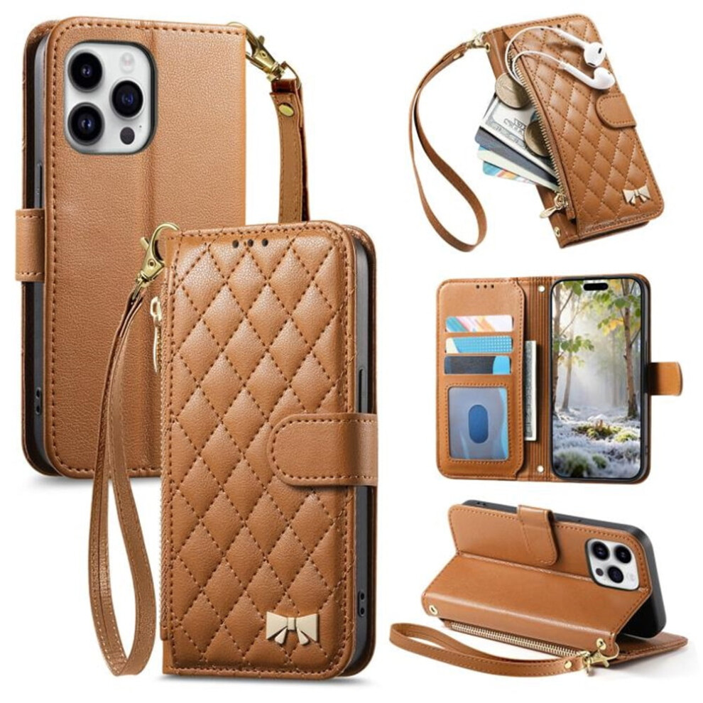 Pu Leather Bowknot Magnetic Flip Wallet Case For Iphone 16 ProâShockproof, With Card Slots, Zipper Pocket & Detachable Wrist Strap, Brown 9340959415526