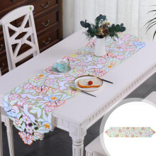 Paashaas tafelloper 38 x 178 cm, kleurrijk geborduurd met opengewerkte bloemen, konijn/eieren/vlinder – landelijke lente feestdecoratie