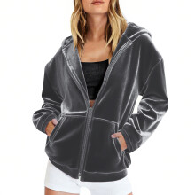 Dame fløjlsjakke med hætte og lynlås, ensfarvet, fuld lynlås, hættetrøje, lommer, lange ærmer, S-XXL, behagelig sweatshirt