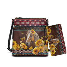 Sada crossbody kabelky a peňaženky z umelej kože s motýľom a slnečnicou, aztécky kôň – nastaviteľný popruh, štýl hobo, na párty/rande
