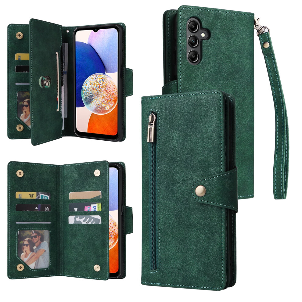 Magnetic Pu Leather Wallet Case For Samsung Galaxy A15 5G Â Zipper Flip Folio With Card Slots, Wrist Strap & Kickstand Green 9340959415038