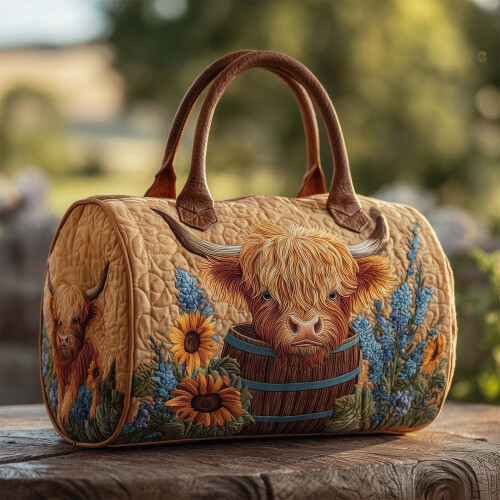 Χειροποίητη τσάντα Tote με σχέδιο ηλίανθου Highland Cow – Καπιτονέ ρουστίκ σχέδιο