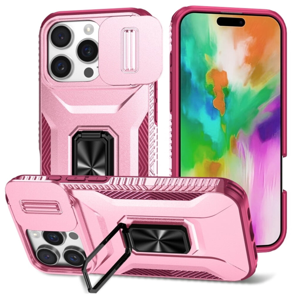 Slim Fit Shockproof Hybrid Case For Iphone 16 Pro MaxâMilitary-Grade, Slide Camera Cover & Rotated Ring Kickstand, Pink 9340959414826