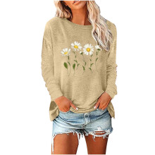 Dame sweatshirt med rund hals og margueritprint, langærmet, bomuldstoppe med grafisk print, afslappet, løs pasform, pulloverskjorter til