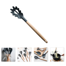 Tenedor de silicona para pasta, cuchara para espaguetis ranurada, cuchara para fideos, pinza para fideos, cucharón para servir con mango de madera,