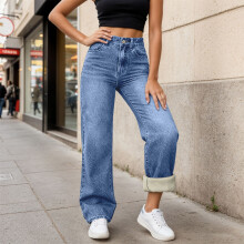 Damenjeans, hochgeschnitten, weit geschnitten, lässige gefütterte Jeans mit Tasche, dunkelblaue Jeans für Damen