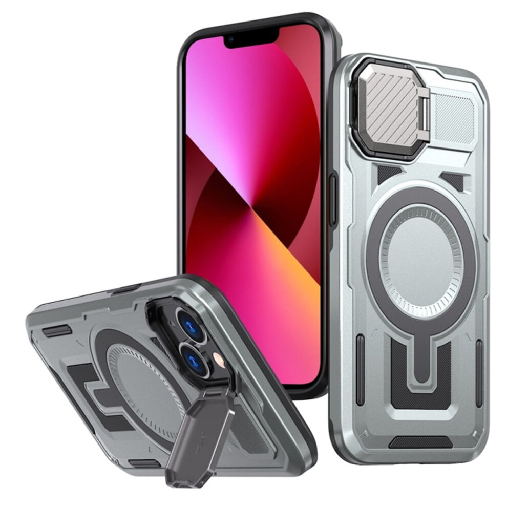 Rugged Magsafe Case For Iphone 13 (6.1") – Military-Grade, Adjustable Metal Lens Cover & Stand, Grey 9193271111498