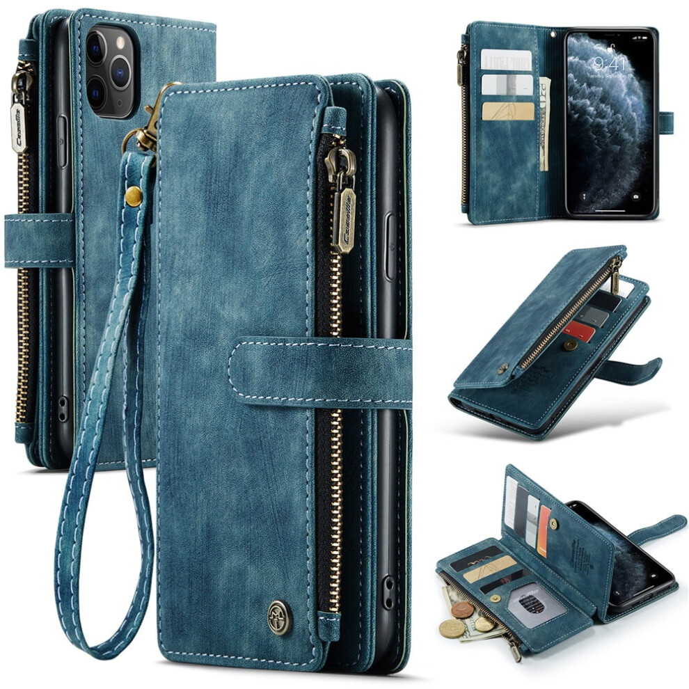 Caseme Wallet Case For Iphone 11 Pro MaxâPu Leather, Magnetic Flip, Lanyard Strap, Zipper Card Holder, Blue 9193271113188