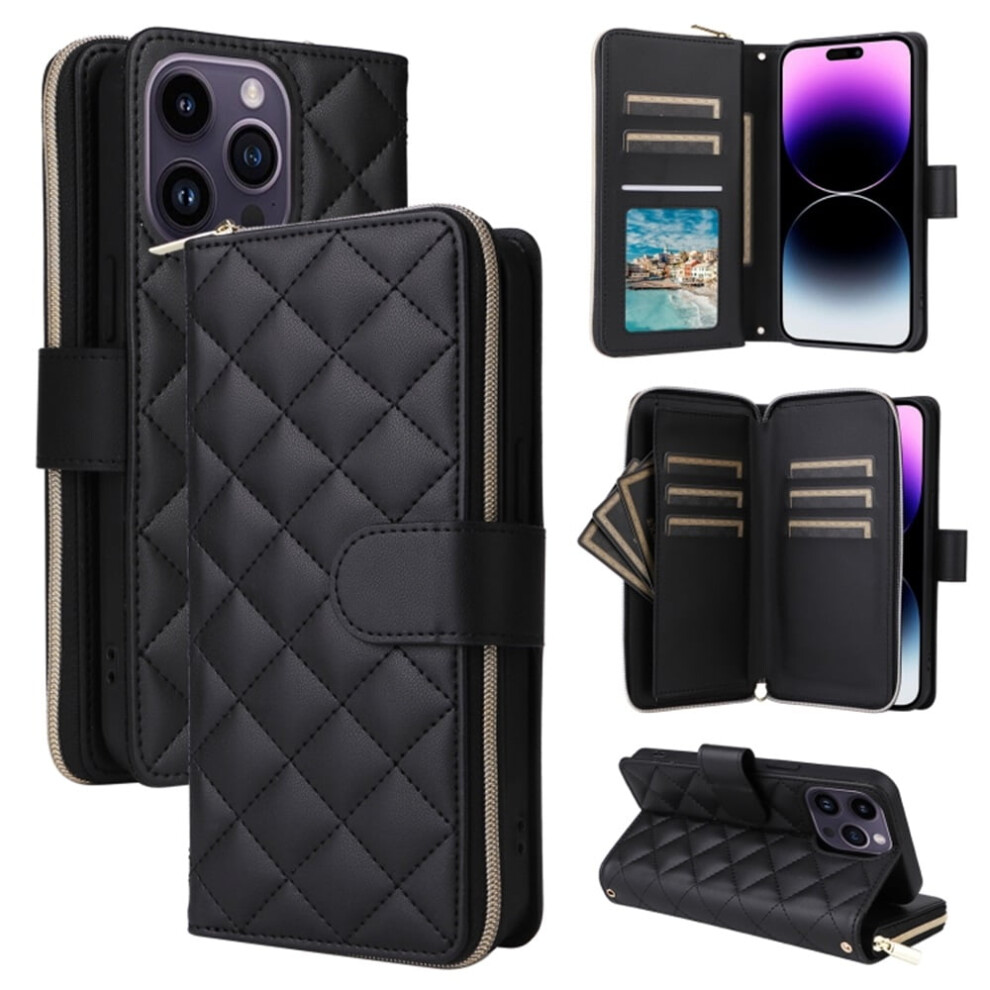 Magnetic Flip Wallet Case For Iphone 14 Pro Max: 9-Card Slots, Zipper Pocket, Detachable Shoulder & Wrist Straps, Black 9193271114260