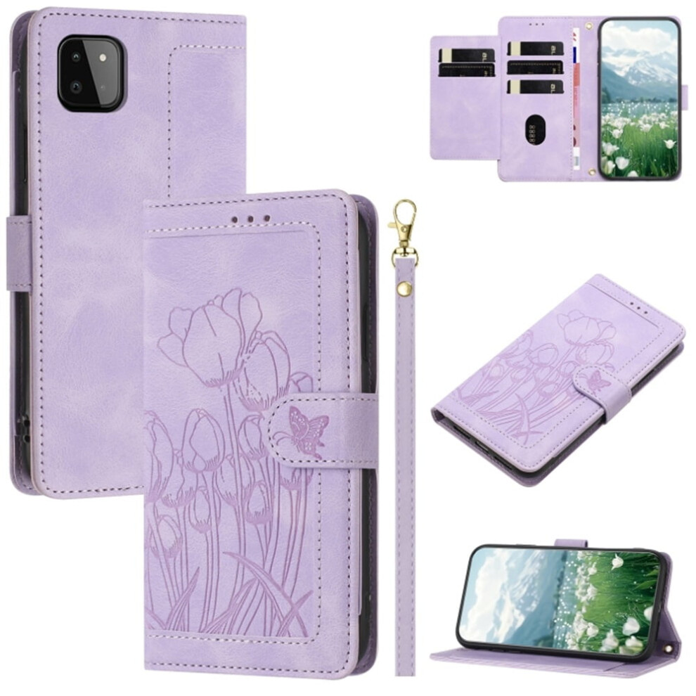 Leather Flip Wallet Case For Samsung Galaxy A22 5G Â Tulip Embossed, 5-Card Holder, Magnetic Closure, Purple 9327961754973