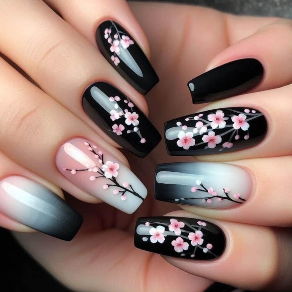 24 Pieces Fall Flower Press on Nails Coffin False Nails Glossy Acrylic Nails Winter Stick on Nails for Women Girls