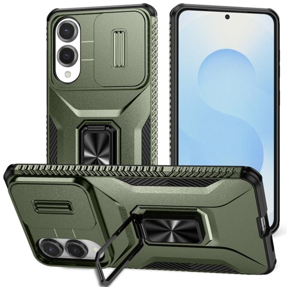 Slim Fit Shockproof Hybrid Case For Samsung Galaxy S25 Edge 5G (6.7") Â Military-Grade, Slide Camera Cover, Rotating Ring Kickstand, Alpine Green 9353595668850