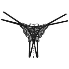 Women's Embroidered Butterfly Low-Waist Pearl Massage Thong, G-String – Black; compatible with standard sizing