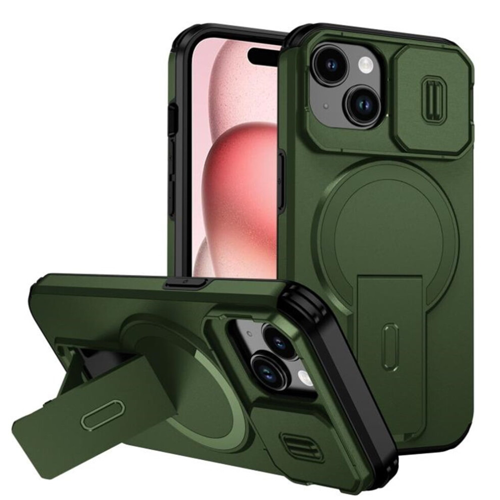 Iphone 15 (6.1") Case: Magsafe Wireless Charging, Invisible Fold Stand, Sliding Camera Cutout, Shockproof & Rugged – ; Compatible With Iphone Green 9353595667716