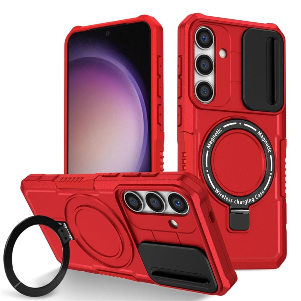 Shockproof Case For Samsung Galaxy S24 6.2" – Sliding Camera Cover, Magsafe Compatible, Hidden Kickstand & Ring Holder Red 9353595670471