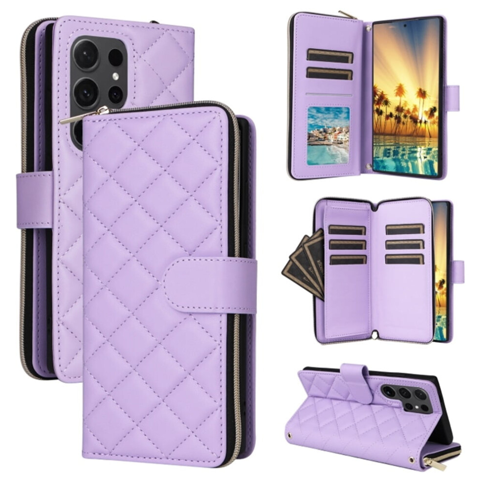 Magnetic Flip Wallet Case For Samsung Galaxy S21 Ultra 5G Â 9-Card Slots, Zipper Pocket, Detachable Shoulder & Wrist Straps, Purple 9327961757691