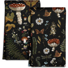 Microfiber Kitchen Towels Set of 2, 18x26 Inch, Black Mushroom Spring Design, Soft & Absorbent – Compatible with Modern Kitchens