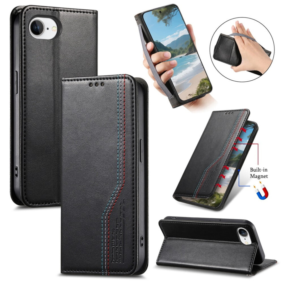 Iphone 16E Case Magnetic Flip Stand Wallet Leather Black 913211584255