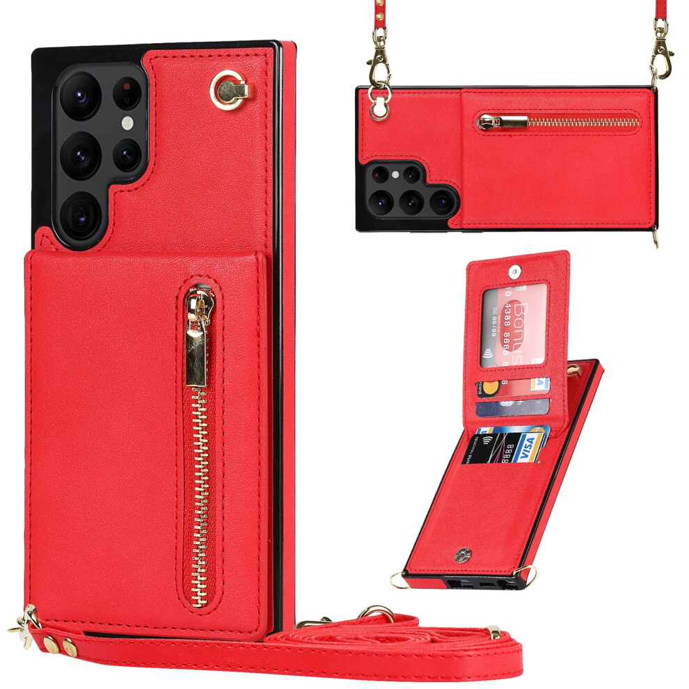 Flip Leather Wallet Case For Compatible With Samsung Galaxy S24 Ultra Â Crossbody, Card Holder, Zipper Pocket, Lanyard, Kickstand, Red 9353595669635