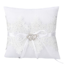 Ivory Lace Satin Pillow, Pearl Embellished Ceremony Pillow, Suitable For Beach And Formal Weddings, With Heart-Shaped Slot For Rings