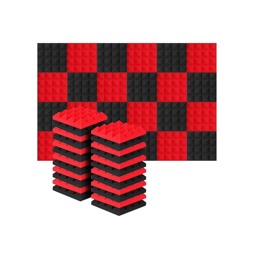 24Pcs 25X25x5cm Studio Acoustic Soundproof Foam Pyramid Noise Insulation Sound Absorption Treatment Panels Black+Red 6033004059235
