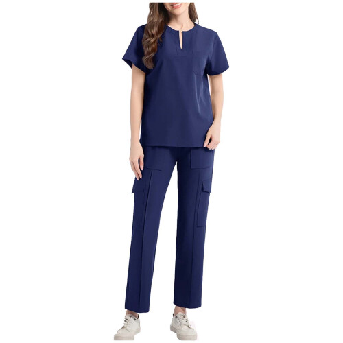 Women Scrubs Set Navy Solid V-Neck Blouse and Drawstring
