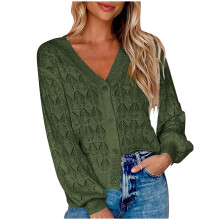 Damen-Cardigan, lässig, locker, einfarbig, V-Ausschnitt, Strickjacke, Oberteil, olivgrün