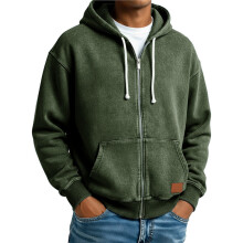 Herrehættetrøje med lynlås og vasket, slidt look, forår/efterår, afslappet hættetrøje, armygrøn, XL