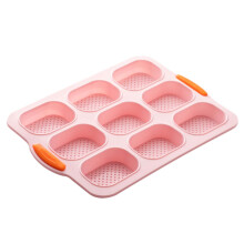 Assadeiras em promoção por menos de US$ 5,90. Forma oval de silicone multicolorida com 9 grades para bolos, pães franceses e outros utensílios de