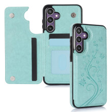 Magnetisk Flip-pung med Blomstermotiv og Kortholder til kompatibel med Samsung Galaxy A15 5G – Mintgrøn Præget, Beskyttende