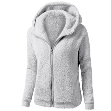Dame Sherpa-hættetrøje med lynlås og fuld lynlås, ensfarvet, langærmet, imiteret lammeuld, hættetrøje, trendy, afslappet, efterår/vinter,