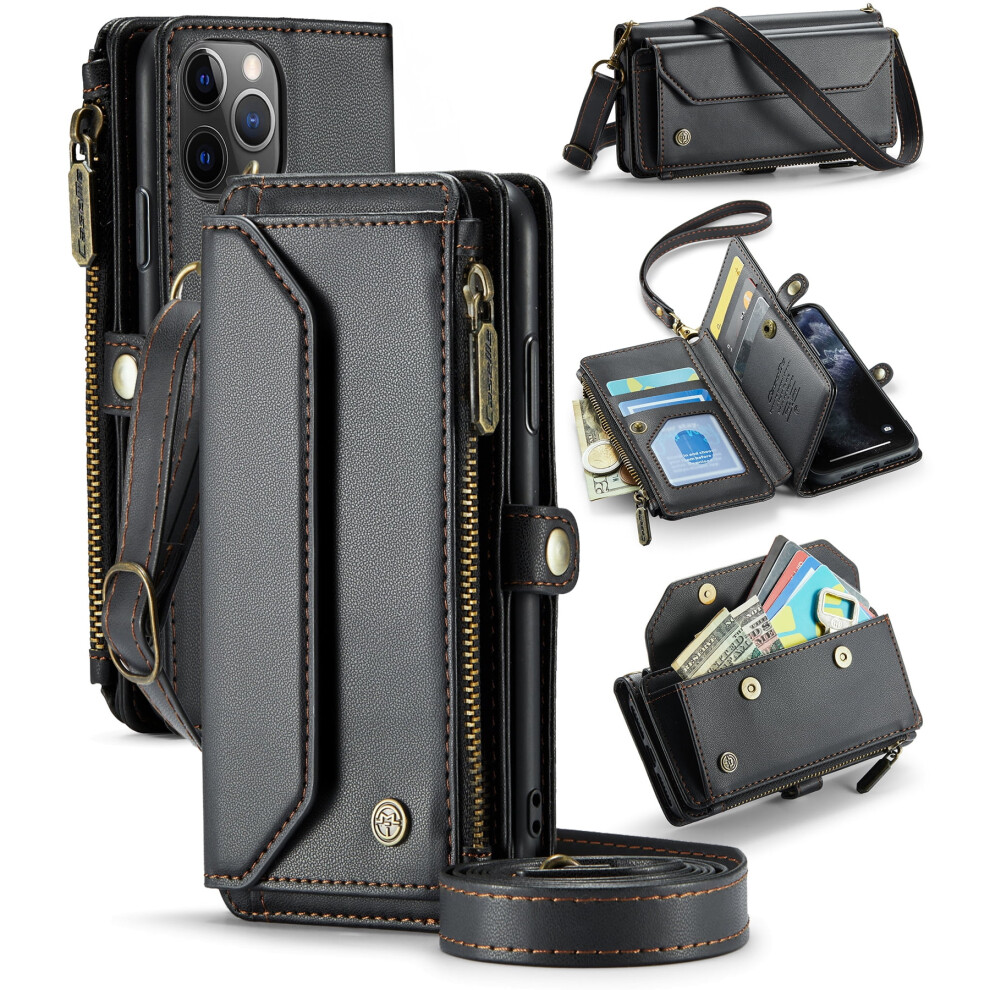 Caseme Leather Wallet Case For Compatible With Iphone 11 Pro 5.8-Inch Â Rfid Blocking, 7-Card Holder, Zipper Bills Slot, Magnetic Wrist Strap 9340959416097