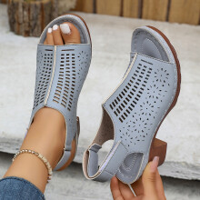 Sandali da donna Willtoo con tacco alto e punta aperta, chiusura a strappo, design traforato estivo casual per appuntamenti e vacanze, colore grigio,