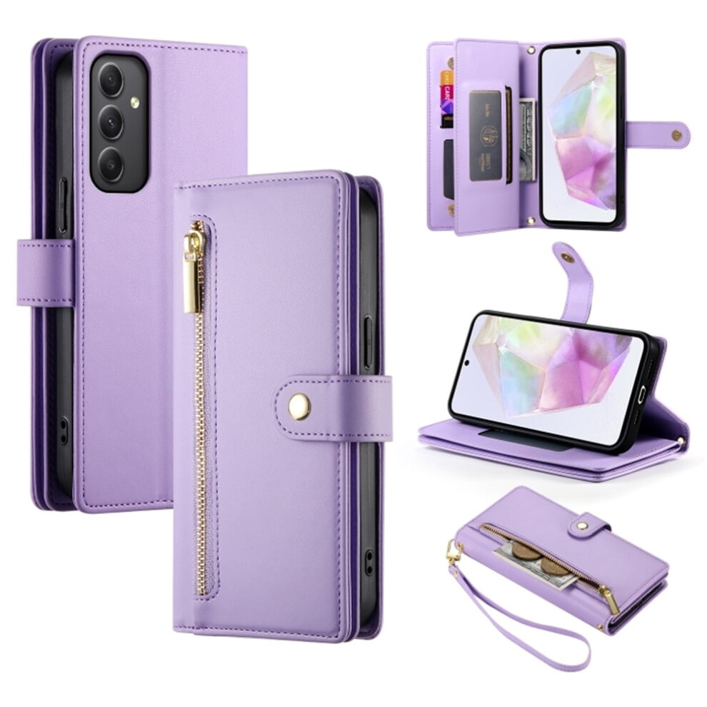Leather Wallet Case For Samsung Galaxy A35 5G Â Multi-Card Slots, Zipper Pocket, Lanyard Strap, Wristlet Purple 9340959417520