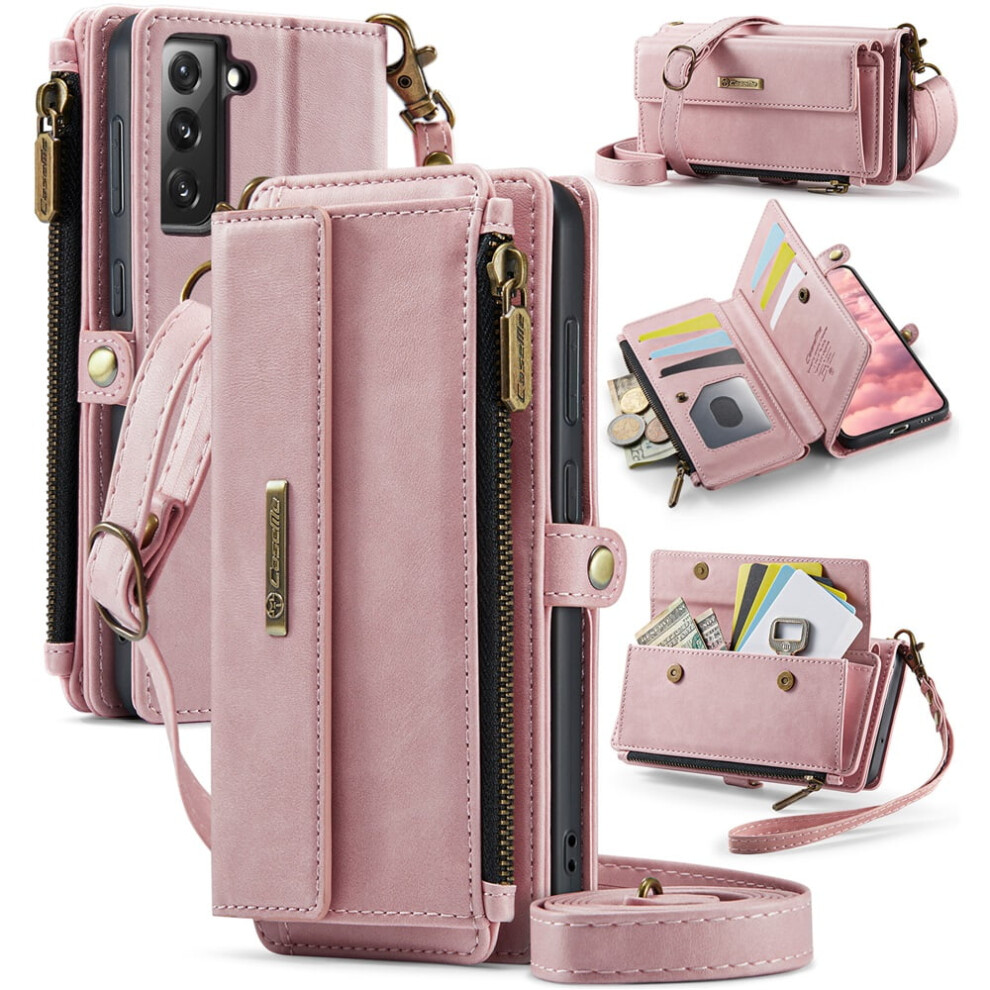Caseme Wallet Case For Samsung Galaxy S21 Fe 5G – Rfid Blocking Pu Leather Flip Cover With Kickstand, Wrist Strap, Zipper & Card Slots, Pink 9340959417995