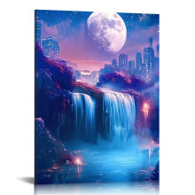 Blacklight Space Tapestry for Bedroom Black Light Waterfall Landscape Wall Hanging UV Reactive Moon Galaxy Tapestries Fantasy 16x20 in