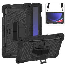 Stødsikkert cover til kompatibel med Samsung Galaxy Tab S9 – Faldsikker silikone + PC 360 roterende håndtag med skulderrem, sort