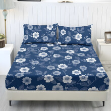 Ensemble de draps en polyester imprimé floral bleu marine (Queen, 3 pièces), doux et respirant, compatible avec les poches standard