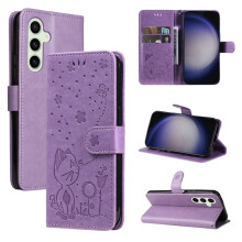 Compatible with Samsung Galaxy S25/S24 5G 6.2" PU Leather Flip Wallet Case – Cat & Bee Embossed, Magnetic Closure, Card Slots, Purple