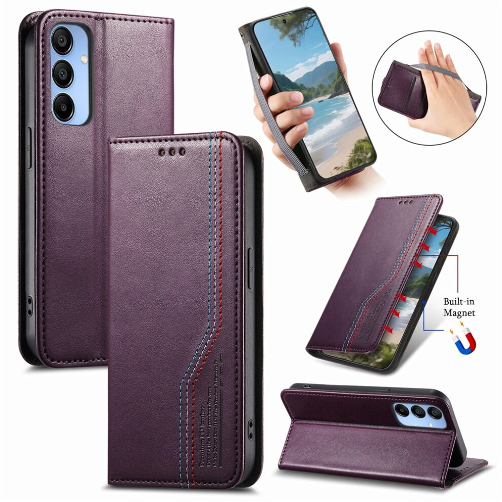 Leather Flip Wallet Case With Magnetic Suction & Wristband For Samsung Galaxy A15 6.5-Inch Purple 9340959419197