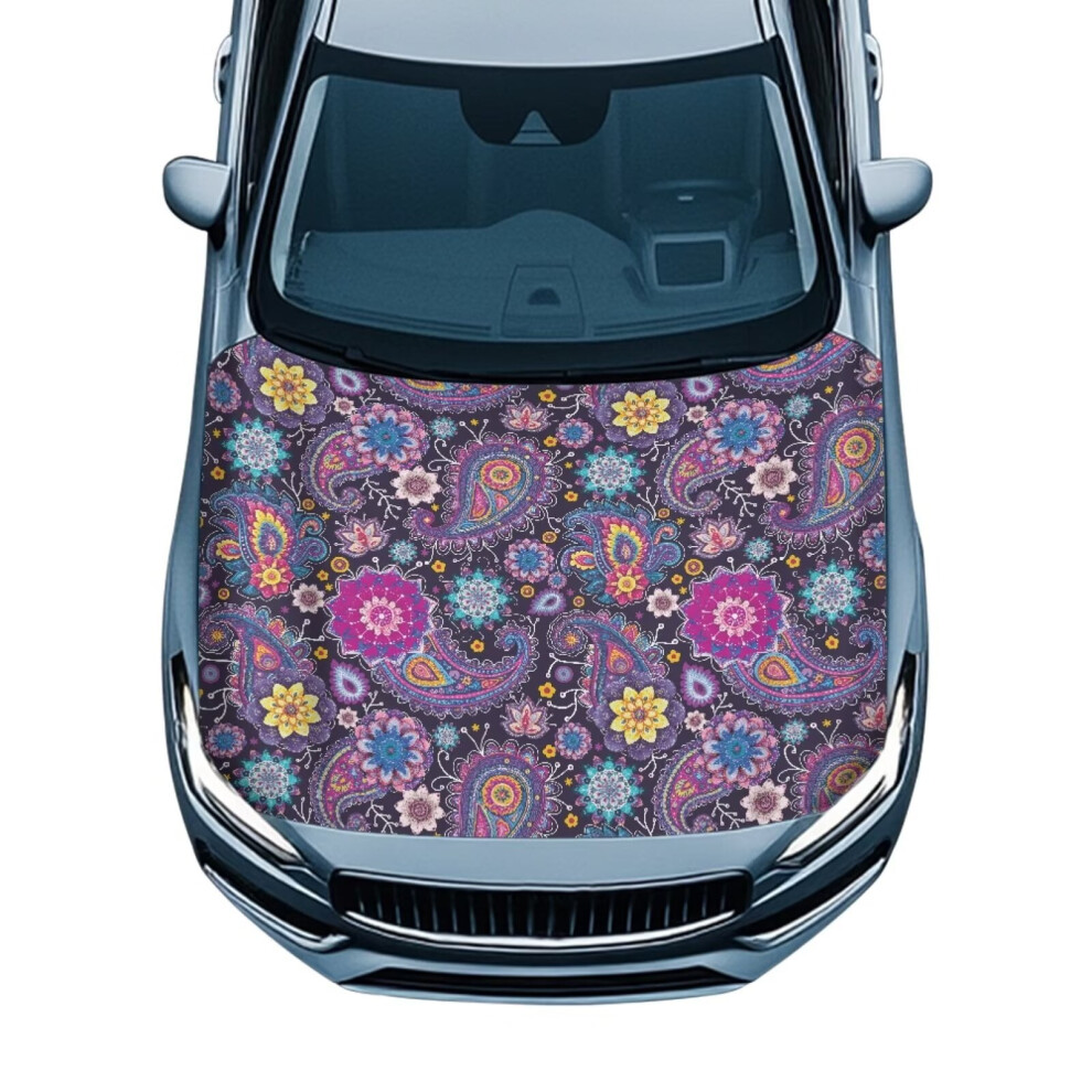 Car Hood Cover Ethnic Floral Stretchable Washable Purple 9122141673415