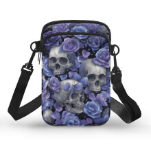 Dámska crossbody kabelka s dvojitým popruhom a nastaviteľným ramenným popruhom s lebkou, ľahká, 10,3 cm x 4,3 cm x 18,4 cm, polyesterová
